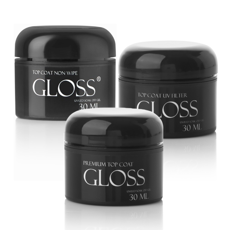 GLOSS Top coat set (top non wipe 30 ml, premium top coat 30 ml, top coat UV filter 30 ml)